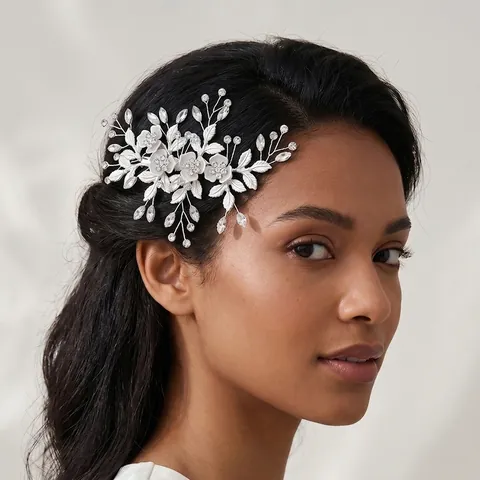 Flower Leaf Bridal Hair Clip Rhinestone Crystal Mori Style Vintage Wedding Accessory Women