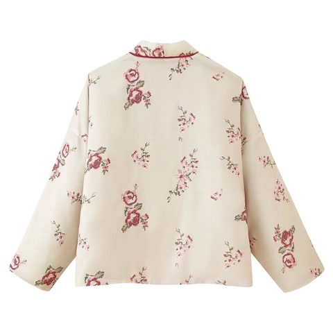 Damen Kimono Stil Wattierte Jacke Polyester Baumwollmischung Blumenmuster Rote Paspelierung Retro Orientalischer Gesteppter Mantel