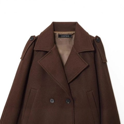 Dames Casual Korte Wollen Jas Bruin Double Breasted Met Gestreepte Boog Reverskraag Lange Mouw Epauletten Herfst Winter Bovenkleding