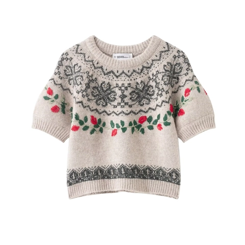Suéter de Punto Vintage para Mujer con Bordado Floral Jacquard Cuello Redondo Manga Corta Pullover Casual Tops