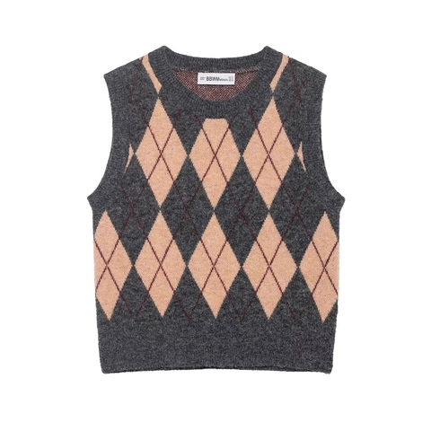 Women Vintage Argyle Knitted Vest Sleeveless Round Neck Polyester Pullover Sweater Casual Preppy Style Grey Autumn Top