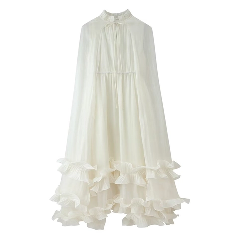 Abito Lungo Elegante In Chiffon Con Orlo A Volant Collo Alto Fiocco Tinta Unita Per Donna
