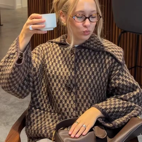 Cardigan en Tricot à Carreaux Décontracté pour Femmes Col à Revers Ample Pull à Boutons Veste à Manches Longues Automne Hiver