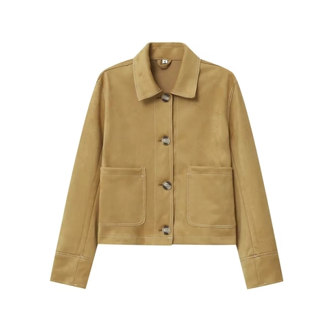 Veste en Suédine pour Femmes Surpiqûres Contrastées Revers Manteau Court Simple Boutonnage avec Poches Style Vintage