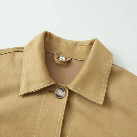 Veste en Suédine pour Femmes Surpiqûres Contrastées Revers Manteau Court Simple Boutonnage avec Poches Style Vintage