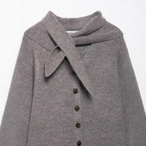 Women's Casual Knit Cardigan Sweater with Scarf Tie Collar Button Down Long Sleeve Loose Fit Solid Gray Knitwear Jacket