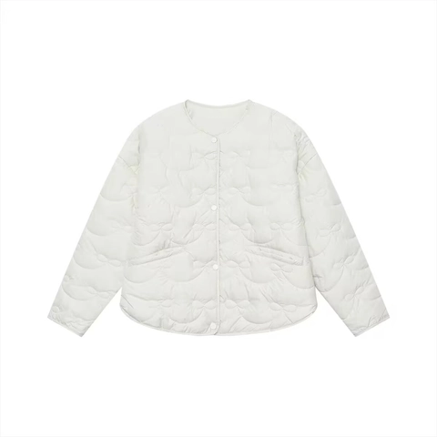 Women's Bow Knot Quilted Jacket Lightweight Round Neck Padded Coat Casual Single Breasted Floral Pattern Outerwear Tops