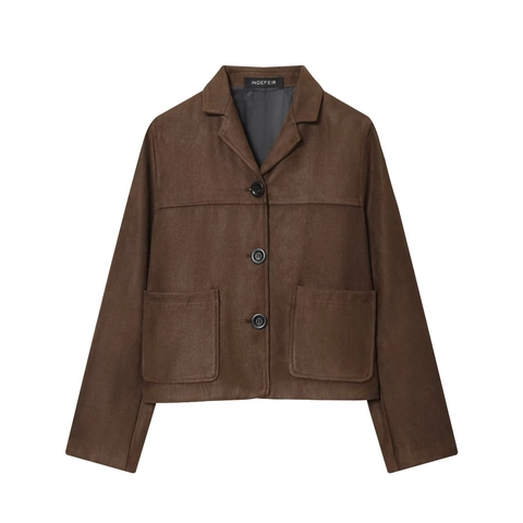 Women's Elegant Faux Suede Short Blazer Jacket Solid Dark Brown Notched Lapel Single Breasted Casual Outerwear With Pockets