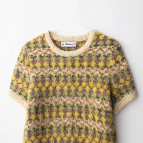 Top de Punto de Manga Corta con Patrón Geométrico de Rombos Retro para Mujer Cuello Redondo Vintage Estilo Callejero