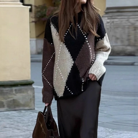 Suéter de Punto de Rombos Vintage para Mujer Bloque de Color Cuello Redondo Suelto de Manga Larga Jersey Geométrico Otoño Invierno