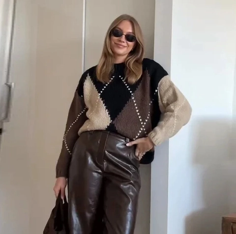 Suéter de Punto de Rombos Vintage para Mujer Bloque de Color Cuello Redondo Suelto de Manga Larga Jersey Geométrico Otoño Invierno