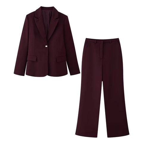 Dames Slanke Pasvorm Schoudervulling Kostuum Jas En Rechte Broek Outfit Elegant Professioneel Zakelijk Kantoor Bourgondië