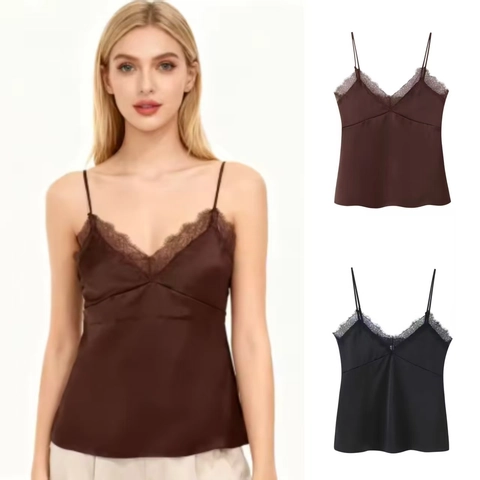 Dames Satijnen Camisole V-hals Kantafwerking Sexy Mouwloze Tank Top Zomer Slanke Pasvorm Effen Kleur Spaghettibandjes Top