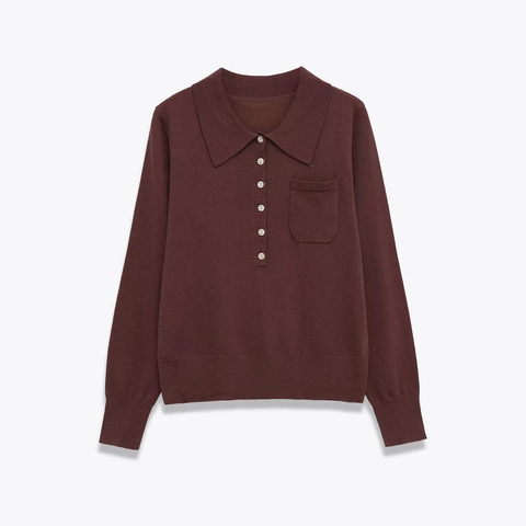 Suéter de Punto con Cuello Polo de Manga Larga para Mujer Color Borgoña con Botones en la Parte Delantera y Bolsillo