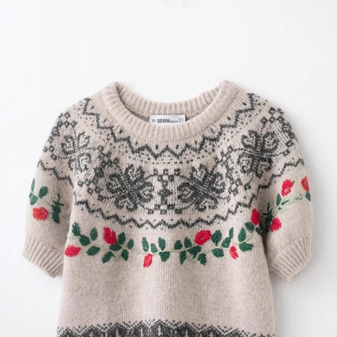 Suéter de Punto Vintage para Mujer con Bordado Floral Jacquard Cuello Redondo Manga Corta Pullover Casual Tops