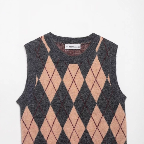 Women Vintage Argyle Knitted Vest Sleeveless Round Neck Polyester Pullover Sweater Casual Preppy Style Grey Autumn Top