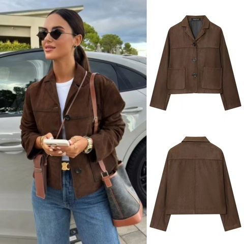 Women's Elegant Faux Suede Short Blazer Jacket Solid Dark Brown Notched Lapel Single Breasted Casual Outerwear With Pockets