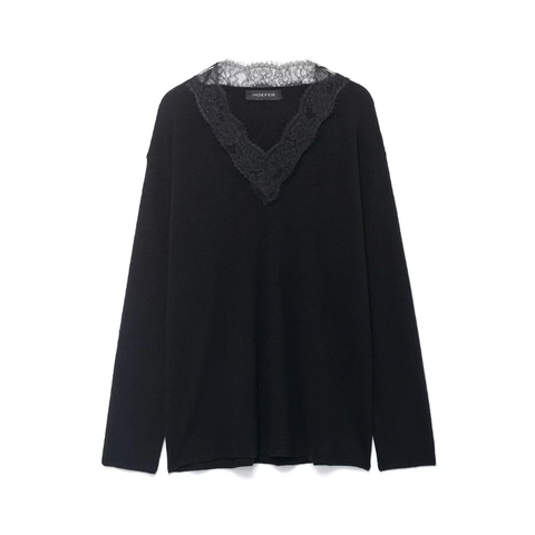 Maglione in Maglia con Scollo a V e Patchwork di Pizzo da Donna Elegante a Maniche Lunghe Tinta Unita Pullover Top Casual Moda Autunno