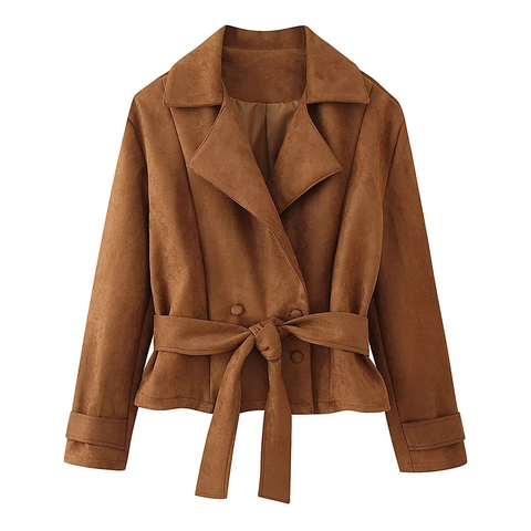 Fashion Women Faux Suede Belted Jacket Lapel Long Sleeve Caramel Solid Color Double Breasted Elegant Commute Outerwear Top
