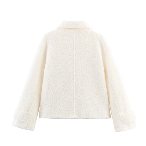 Women Lapel Loop Fleece Short Coat Double Breasted Warm Solid Color Long Sleeve Jacket For Daily Commute Autumn Fashion