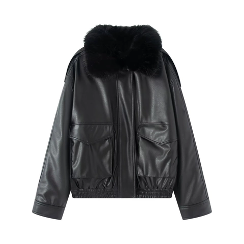 Women's Chic Faux Leather Jacket With Detachable Faux Fur Collar Black Cropped Biker Bomber Coat Pocket Outwear