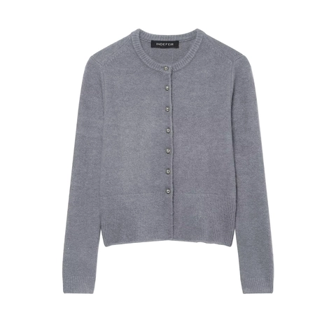 Women Casual Round Neck Grey Knit Cardigan Long Sleeve Sweater With Silver Ball Buttons Ribbed Cuffs Solid Color Commuter Top