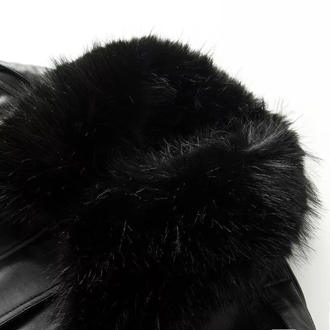 Women's Chic Faux Leather Jacket With Detachable Faux Fur Collar Black Cropped Biker Bomber Coat Pocket Outwear