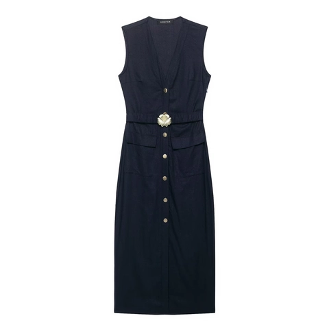 Women Elegant Sleeveless V-Neck Cotton Linen Midi Dress With Belt Gold Flower Button Navy Blue Solid Casual Summer Dress