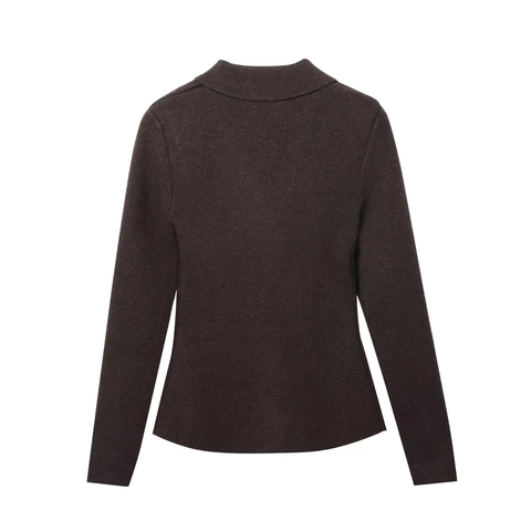 Women Knitted Blazer Jacket Coffee Brown V Neck Long Sleeve Slim Fit Solid Color Jeweled Flower Buttons Casual Cardigan