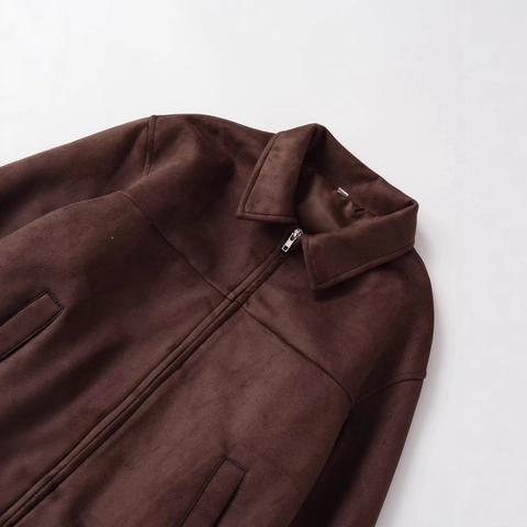 Chaqueta de Gamuza Vintage para Mujer con Cremallera Color Sólido Solapa Manga Larga Bolsillos Elegante Ropa de Abrigo para Conmutar
