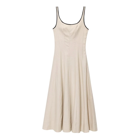 Women Casual Cotton Linen Blend Midi Dress Contrast Piping Sleeveless A-Line Spaghetti Strap Elegant Retro Party Dress