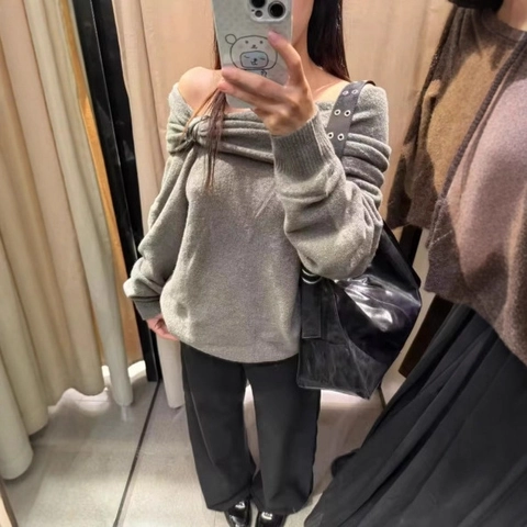 Suéter de Punto Sexy con Hombros Descubiertos para Mujer Nudo Retorcido Manga Lunga Jersey de Canalé con Hebilla de Metal Casual Color Sólido Top de Otoño
