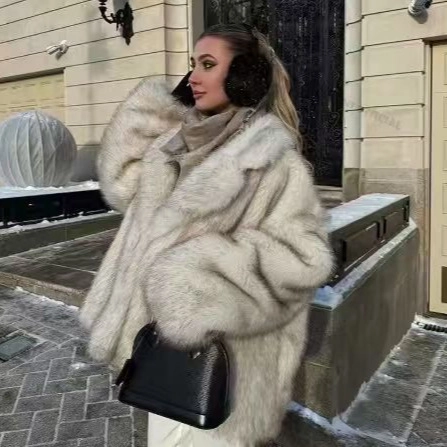 Women Elegant Faux Fur Coat Autumn Winter Warm Fluffy Lapel Long Sleeve Jacket Thick Gradient Pink White Brown Outerwear