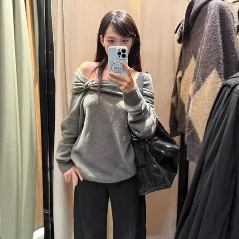 Suéter de Punto Sexy con Hombros Descubiertos para Mujer Nudo Retorcido Manga Lunga Jersey de Canalé con Hebilla de Metal Casual Color Sólido Top de Otoño