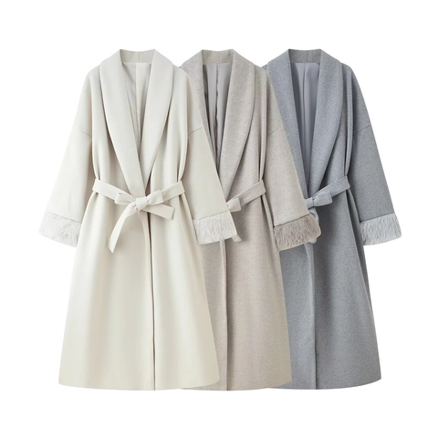 Women Elegant Long Woolen Coat With Faux Fur Cuffs Belted Waist Solid Color Slim Overcoat Winter Warm Jackets Outerwear