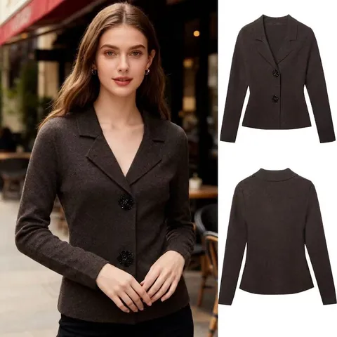 Women's Slim Fit Notched Lapel Knit Blazer With Decorative Jewelry Buttons Long Sleeve Solid Color Warm Cardigan Sweater Coat