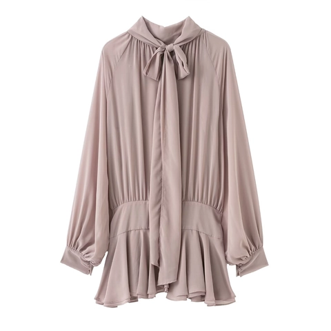 Elegant Women Bow Tie Stand Collar Lantern Sleeve Pleated Mini Dress Lotus Pink Ruffle Hem A-Line Commuter Short Dress