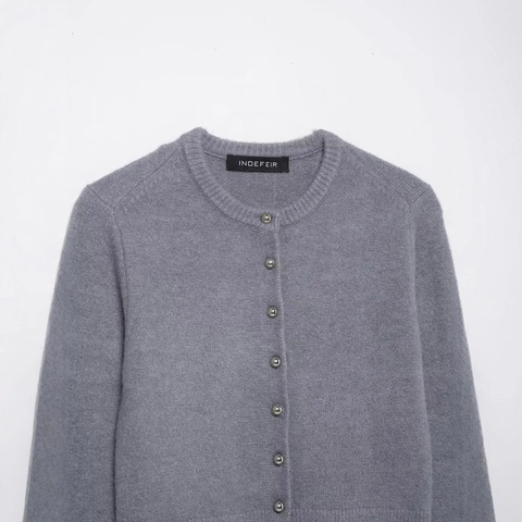Women Casual Round Neck Grey Knit Cardigan Long Sleeve Sweater With Silver Ball Buttons Ribbed Cuffs Solid Color Commuter Top