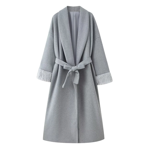 Women Elegant Long Woolen Coat With Faux Fur Cuffs Belted Waist Solid Color Slim Overcoat Winter Warm Jackets Outerwear