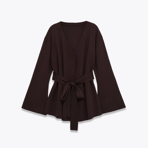 Women Casual Knitted Cardigan V Neck Bell Sleeve Waist Tie Knit Top Sweater Chocolate Coffee Autumn Elegant Fashion Outerwear