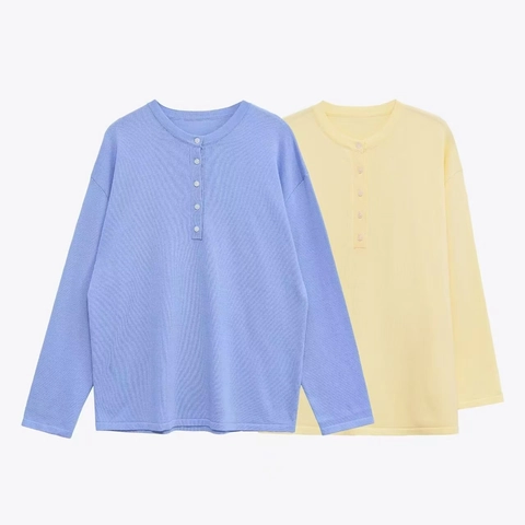 Women Casual Henley Neck Knit Sweater Loose Fit Solid Color Long Sleeve Button Pullover Top Drop Shoulder Fashion Daily Knitwear