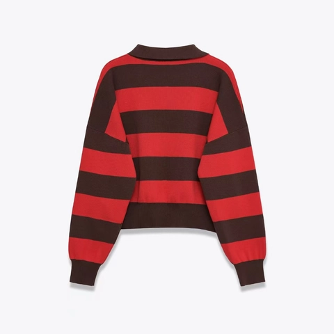 Women Vintage Striped Knit Sweater Casual Polo Collar V Neck Loose Long Sleeve Colorblock Pullover Autumn Soft Knitwear Top