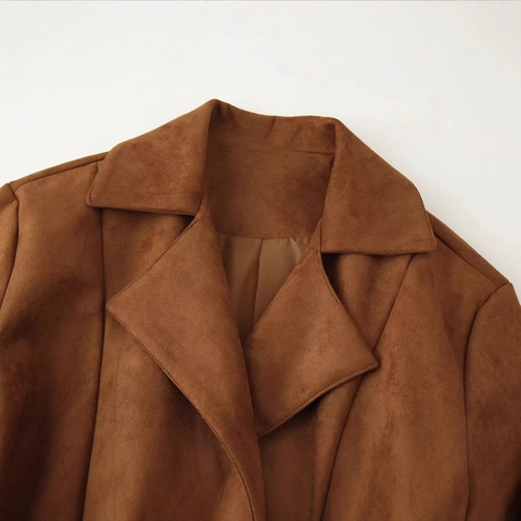 Fashion Women Faux Suede Belted Jacket Lapel Long Sleeve Caramel Solid Color Double Breasted Elegant Commute Outerwear Top