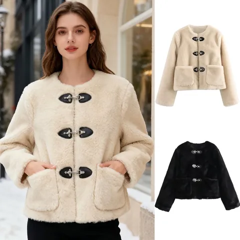 Dames Imitatiebont Lamswol Jas Ronde Hals Metalen Gesp Kort Pluche Jas Met Zakken Herfst Winter Bovenkleding