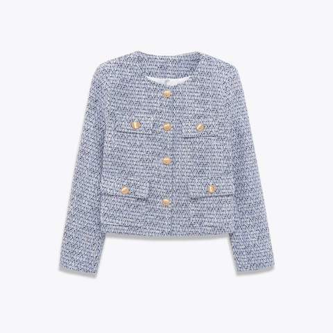Giacca in Tweed Corta Elegante da Donna Capispalla Intrecciata Blu Bianca Con Bottoni Metallici Cappotto a Maniche Lunghe Girocollo