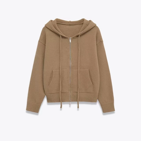 Women Casual Knitted Zip Up Hoodie Long Sleeve Solid Color Cardigan With Drawstring And Pockets Autumn Winter Outerwear