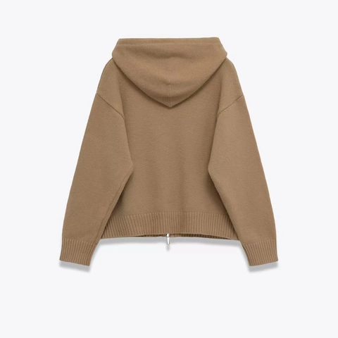 Women Casual Knitted Zip Up Hoodie Long Sleeve Solid Color Cardigan With Drawstring And Pockets Autumn Winter Outerwear
