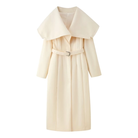 Cappotto Lungo di Lana Elegante da Donna Con Ampio Revers e Cintura Crema Bianco Latte Giacca in Lana Doppia Faccia Minimalista