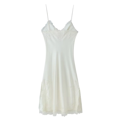 Women Elegant Satin Cami Dress Eyelash Lace Trim V-Neck Cross-Tie Bow Sleeveless Solid Color Long Nightgown Home Wear Dress