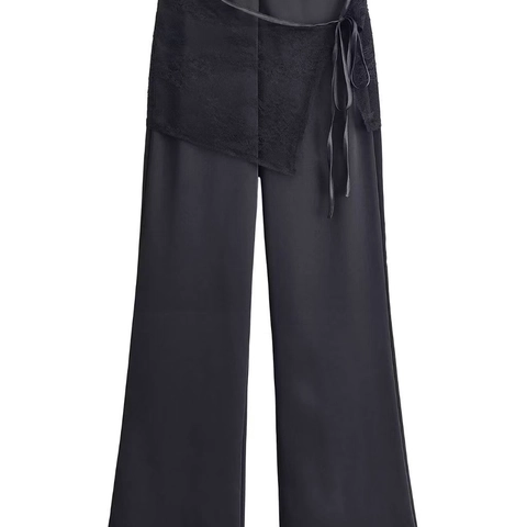 Pantaloni Larghi A Vita Alta Eleganti Da Donna Texture In Raso Nero Pizzo Avvolgente Con Fiocco Pantaloni Lunghi Moda